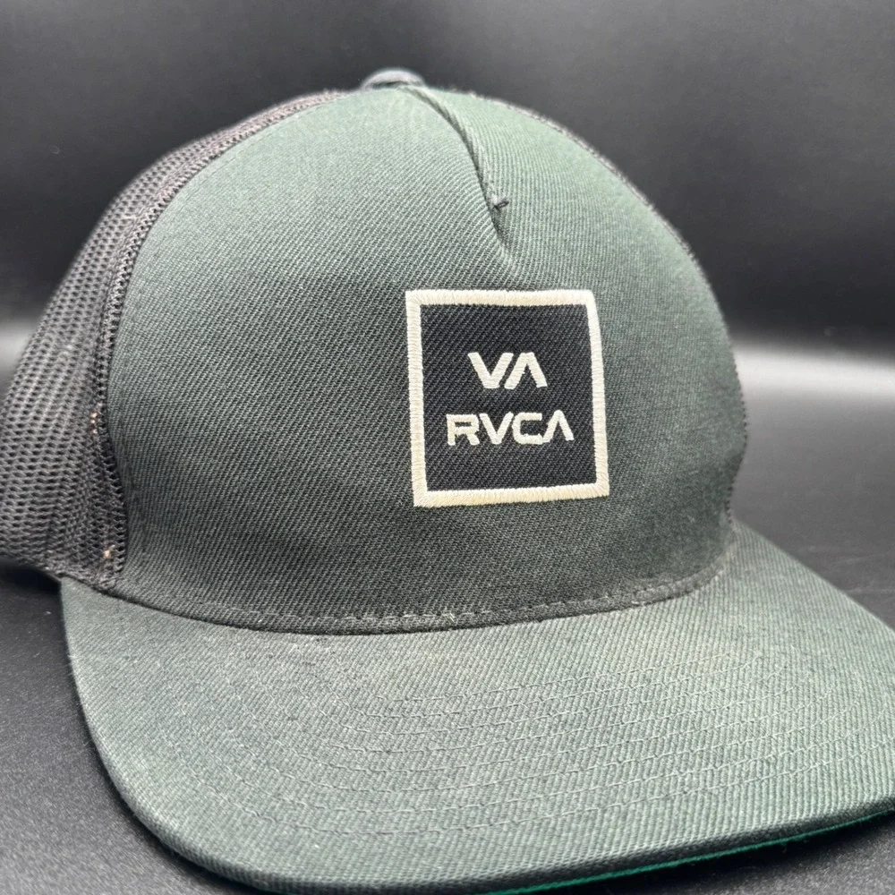RVCA Mid Fit Trucker Hat Mens Olive Green Mesh Snapback Flat Brim Cap Surf Skate
